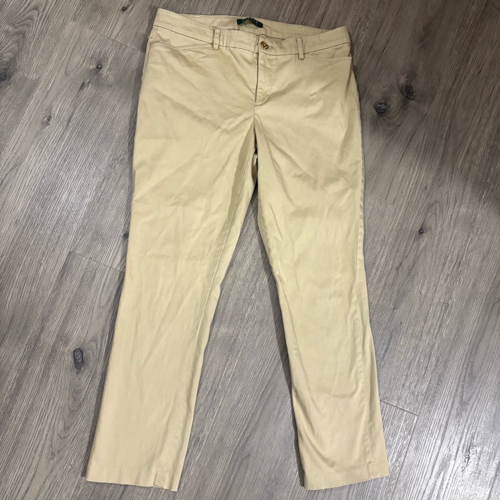 Lauren‎ Ralph Lauren Women’s Sz 10 Beige Tan Skinny Cropped Pants Gold Button